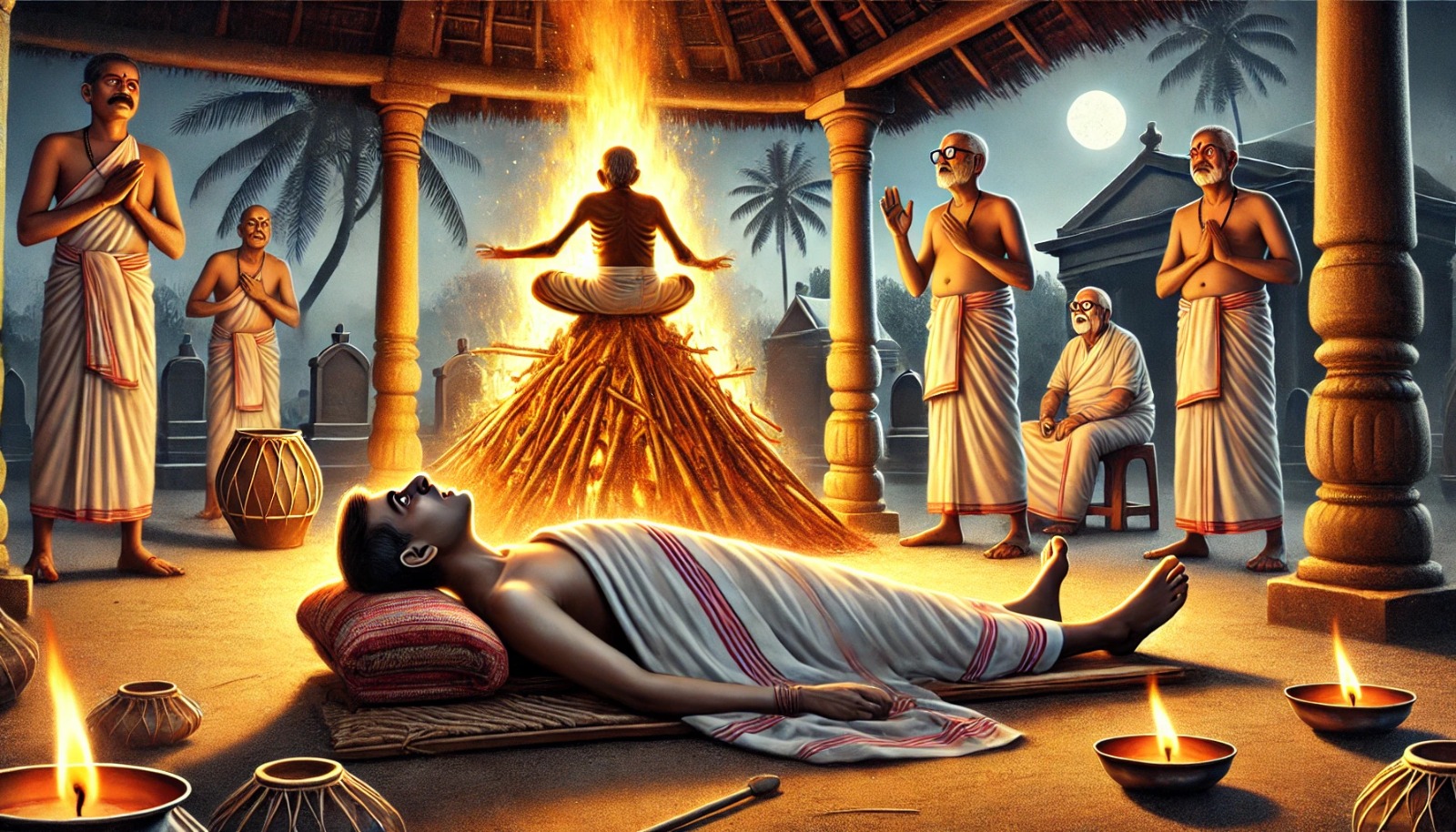 ILustrasi Pria India Hendak Dikremasi Hidup Lagi. (AI by XYZONEmedia.com)